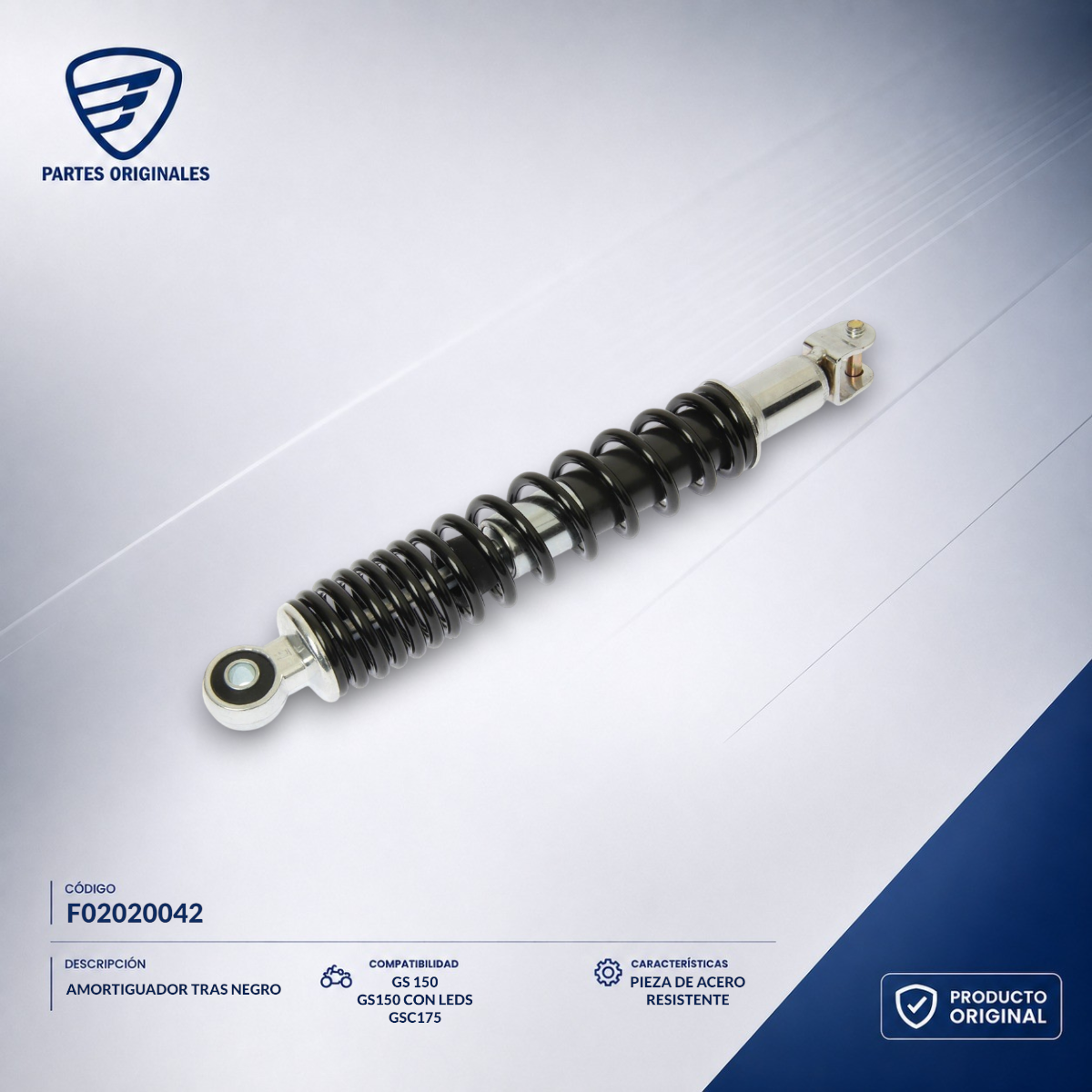 F02020042 IAMO028 AMORTIGUADOR TRASERO NEGRO DS150, GS150, GS150 LED, GS150 LED ELITE, GSC175, GTS175, GTS175 LED, DS150G