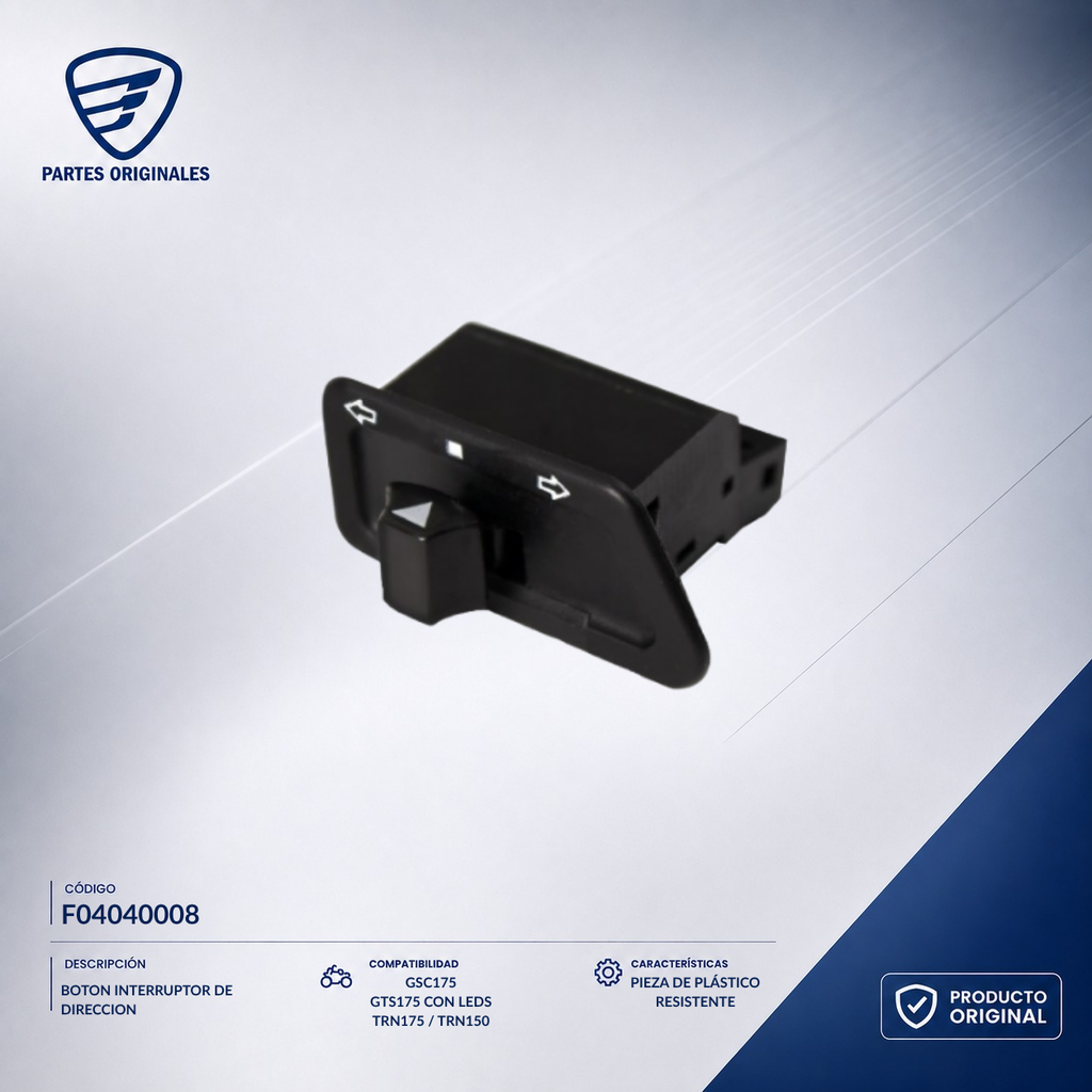 F04040008 IBOT002 BOTON INTERRUPTOR DE DIRECCION DS125, DS150, DS150 NARANJA, DS150 NEGRO, GS150, GS150 LED, GS150 LED ELITE, GSC175, GTS175, GTS175 LED, X150, XS150, XS150 NEGRO, DS150G, AT125RT