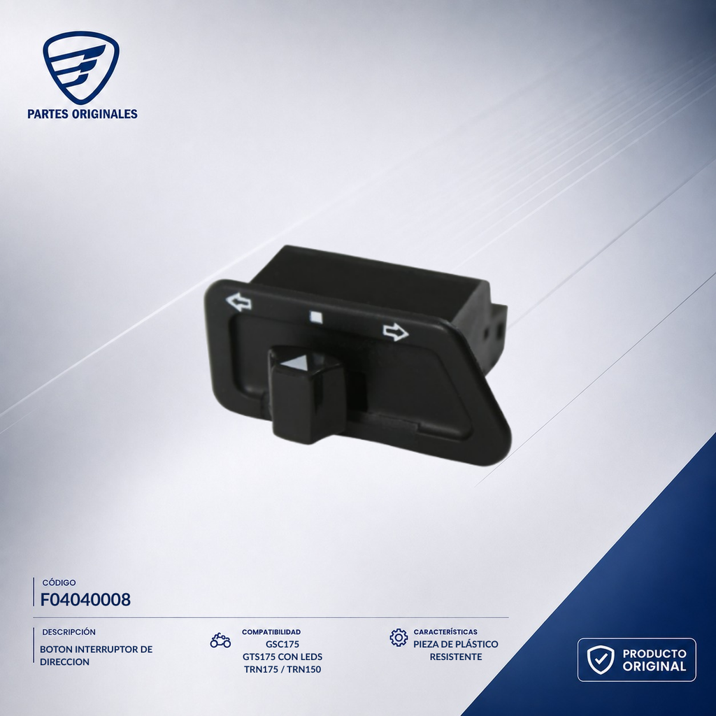 F04040008 IBOT002 BOTON INTERRUPTOR DE DIRECCION DS125, DS150, DS150 NARANJA, DS150 NEGRO, GS150, GS150 LED, GS150 LED ELITE, GSC175, GTS175, GTS175 LED, X150, XS150, XS150 NEGRO, DS150G, AT125RT