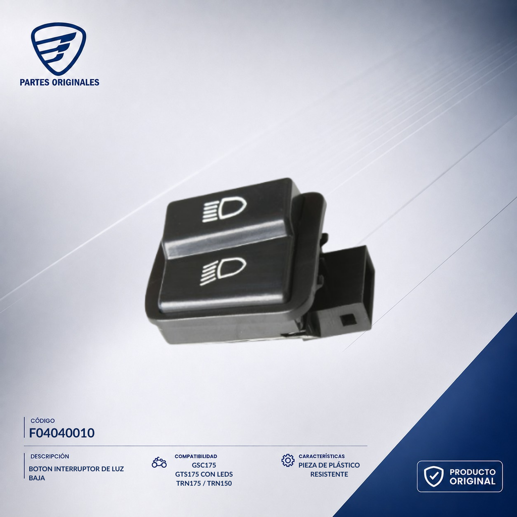 F04040010 IBOT004 BOTON INTERRUPTOR DE LUZ BAJA DS125, DS150, DS150 NARANJA, DS150 NEGRO, GS150, GS150 LED, GS150 LED ELITE, GSC175, GTS175, GTS175 LED, X150, XS150, XS150 NEGRO, DS150G, AT125RT
