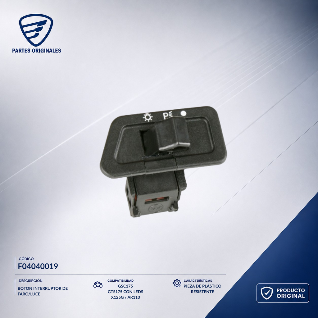 F04040019 IBOT005 BOTON INTERRUPTOR DE FARO/LUCE DS125, DS150, DS150 NARANJA, DS150 NEGRO, GS150, GS150 LED, GS150 LED ELITE, GSC175, GTS175, GTS175 LED, X150, XS150, XS150 NEGRO, DS150G