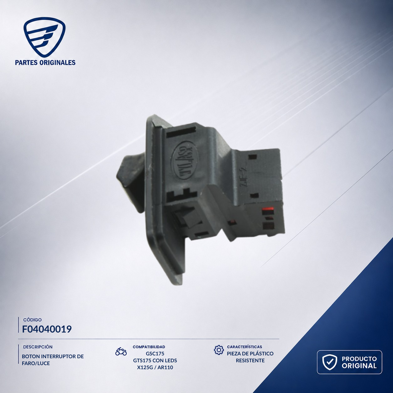 F04040019 IBOT005 BOTON INTERRUPTOR DE FARO/LUCE DS125, DS150, DS150 NARANJA, DS150 NEGRO, GS150, GS150 LED, GS150 LED ELITE, GSC175, GTS175, GTS175 LED, X150, XS150, XS150 NEGRO, DS150G
