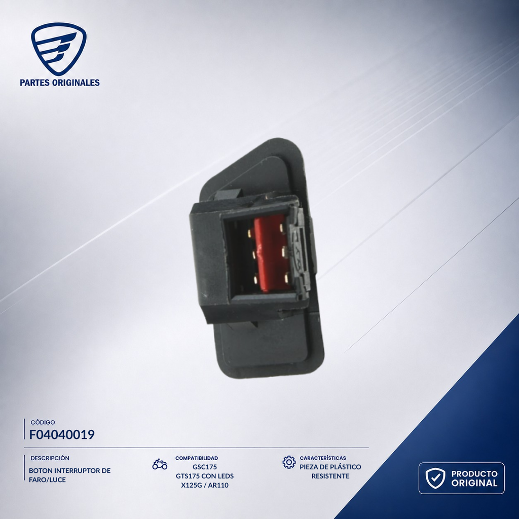 F04040019 IBOT005 BOTON INTERRUPTOR DE FARO/LUCE DS125, DS150, DS150 NARANJA, DS150 NEGRO, GS150, GS150 LED, GS150 LED ELITE, GSC175, GTS175, GTS175 LED, X150, XS150, XS150 NEGRO, DS150G